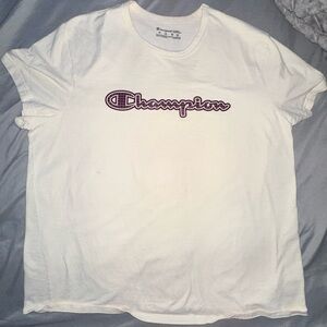 Women’s Champion T-Shirt. White with purple lettering. Size: XL